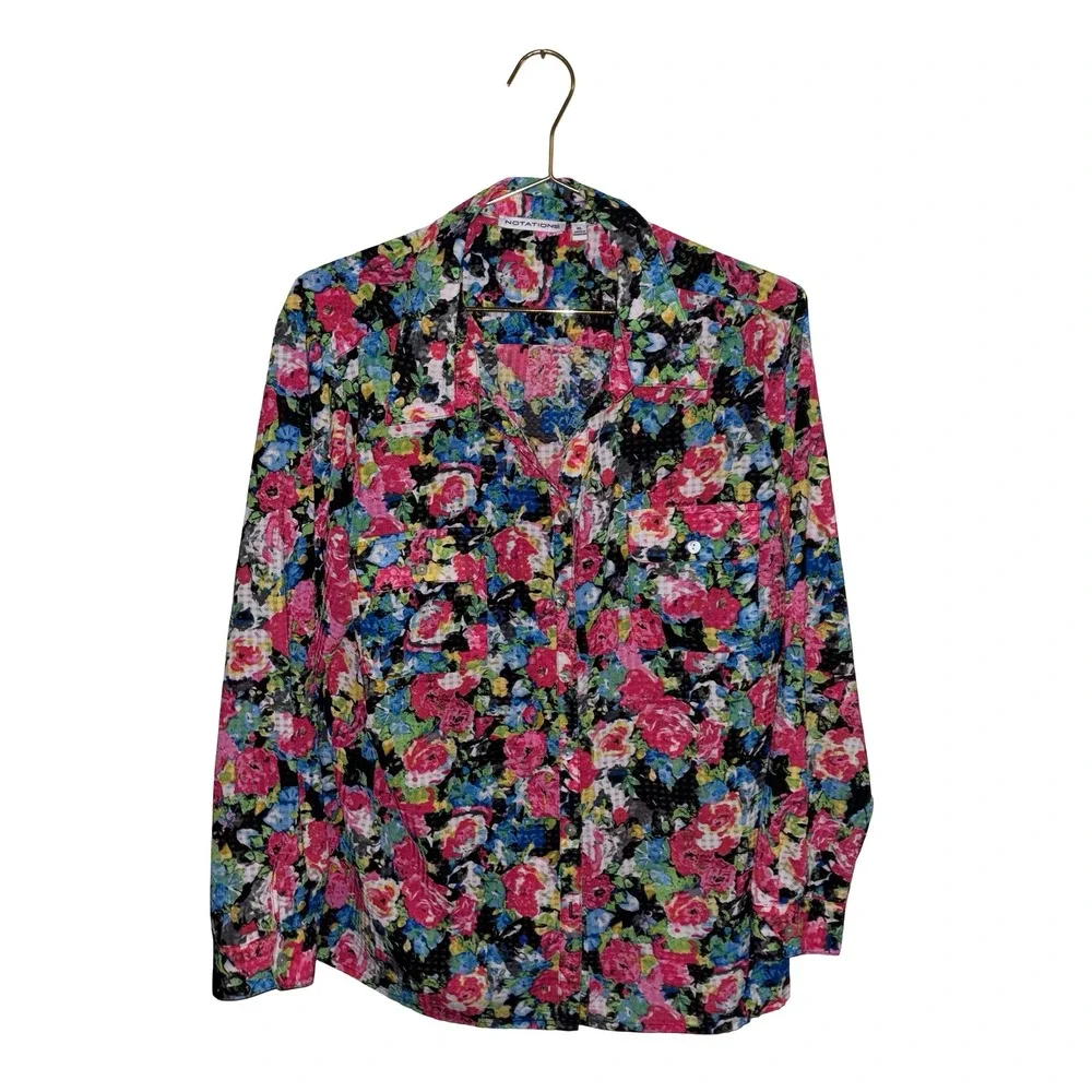Vintage Notations Floral Button Down Shirt XL Pink Blue Green Long Sleeve Blouse - Picture 1 of 4